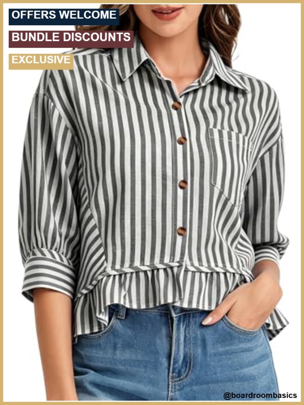 Womens Striped Cotton Button Down Shirt Cropped Ruffle Hem 3/4 Sleeve Blouse